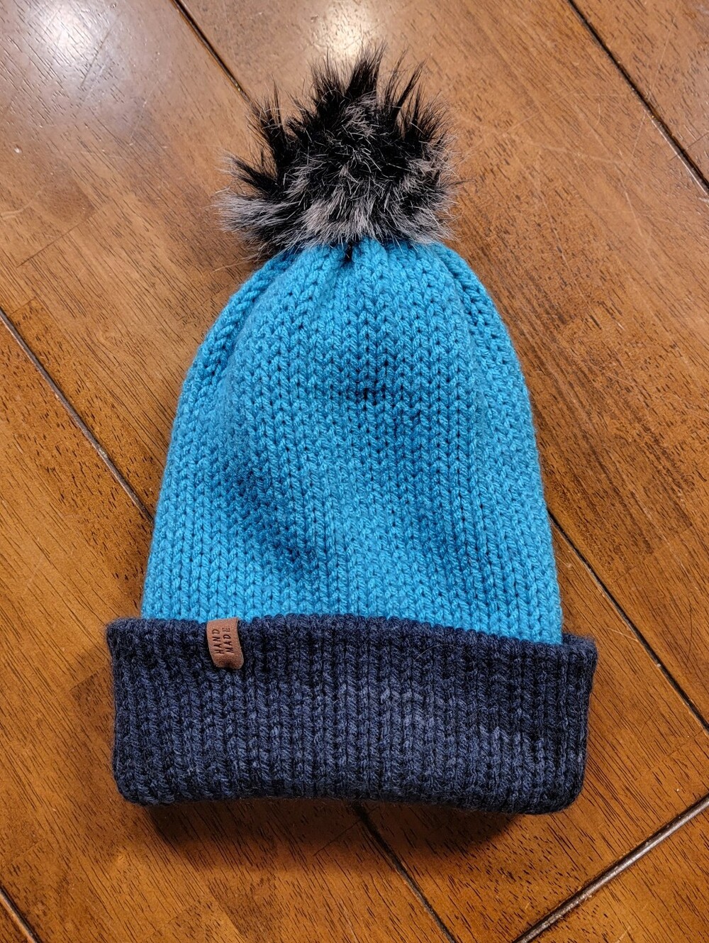 Handmade Wool Blend Reversible Winter Hat Unisex Adult Pom Pom Blue Gray Purple